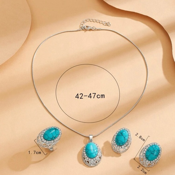 Turquoise Oval Rhinestone Necklace, Earrings, Ring Set - Picture 4 of 6